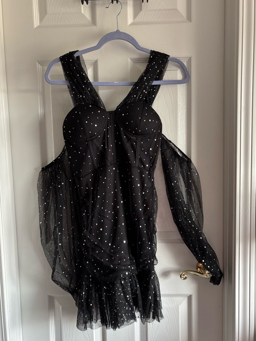 Black Long Sleeve Off the Shoulder Silver Sequin Dress